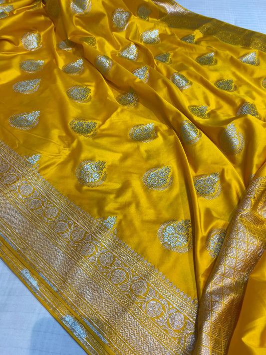 Mashru Silk Saree Golden Yellow Color With Floral Border Buta Sona Rupa Zari MSW31