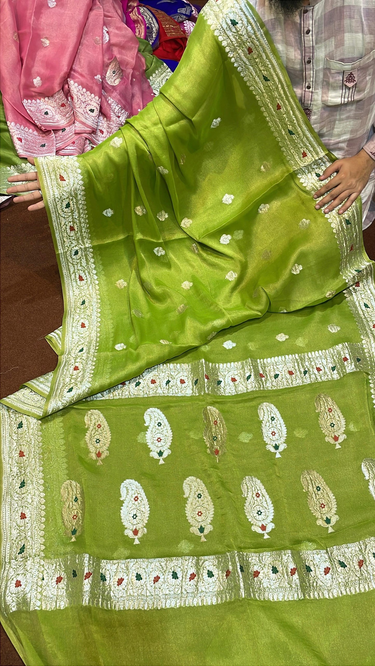 100% Authentic & Luxurious Pure Banarasi Khaddi Chiffon Tissue Saree Spring Pista Green Colour