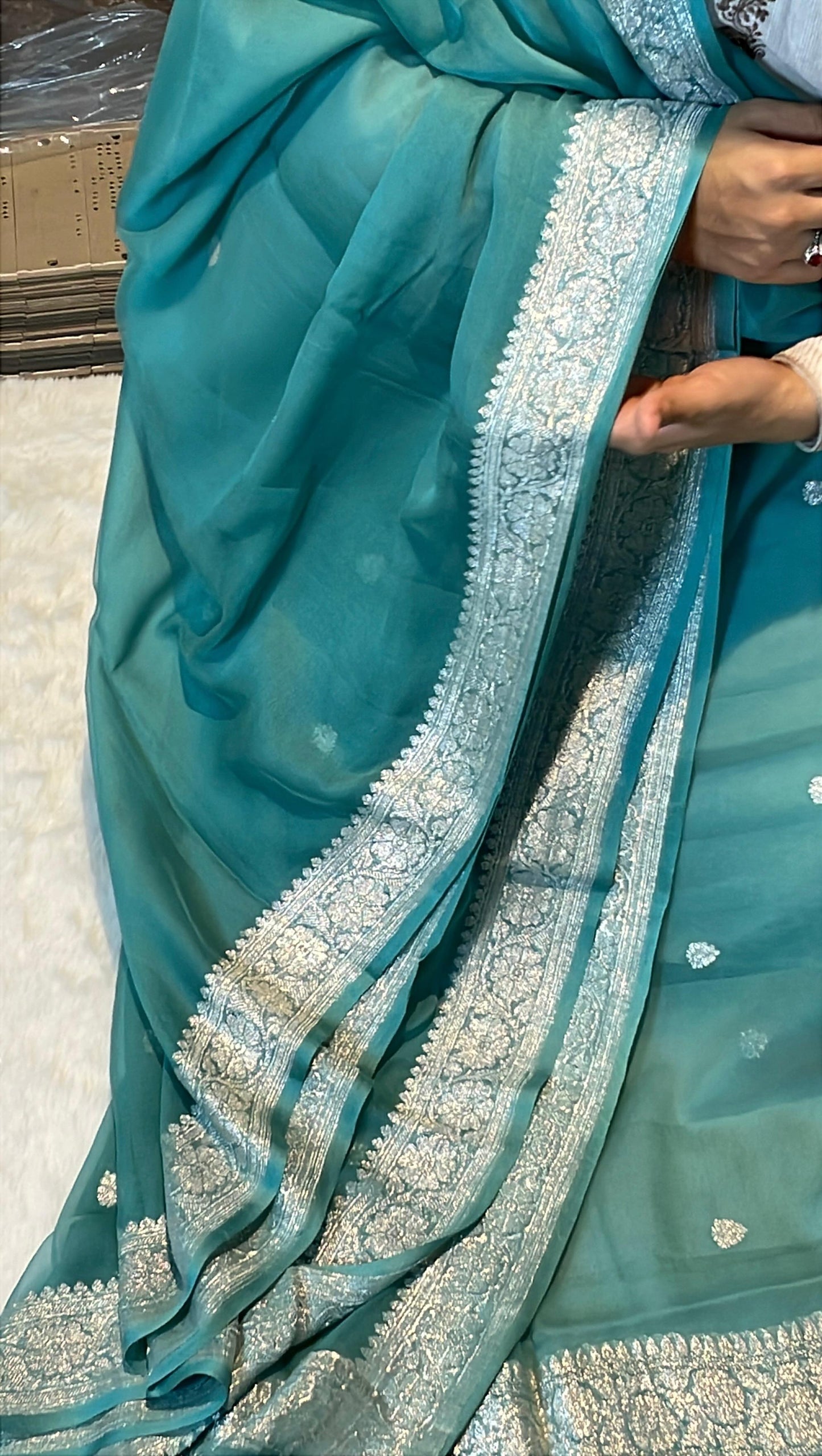 100% Pure Banarasi Khaddi Chiffon Silver Zari Kadwa Buti Handloom Sea Green Color