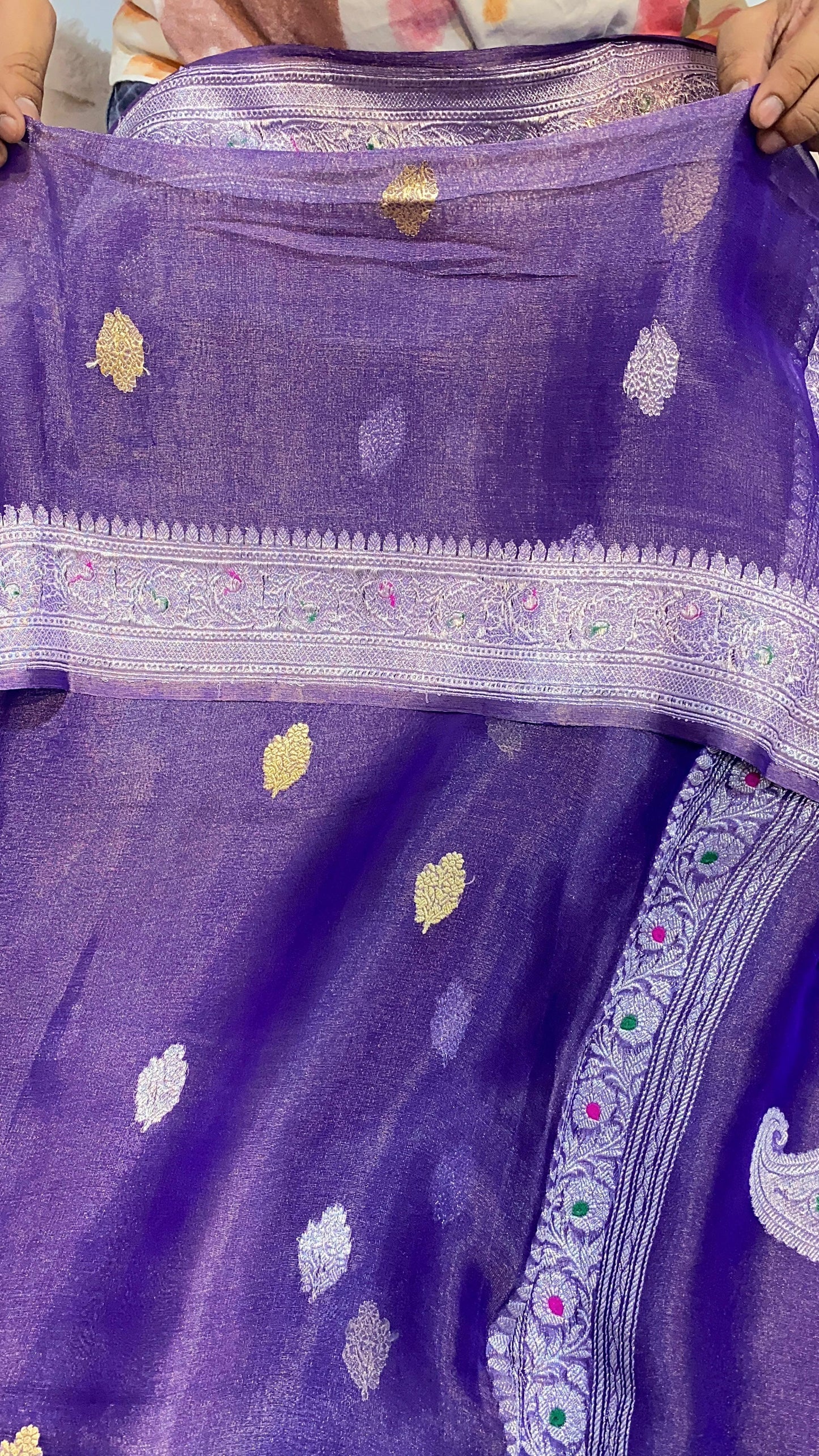 100% Authentic & Luxurious Pure Banarasi Khaddi Chiffon Tissue Saree Deep Purple Shade