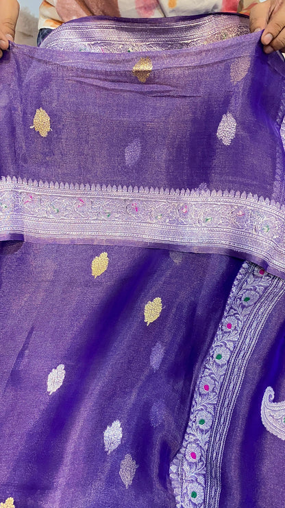 100% Authentic & Luxurious Pure Banarasi Khaddi Chiffon Tissue Saree Deep Purple Shade