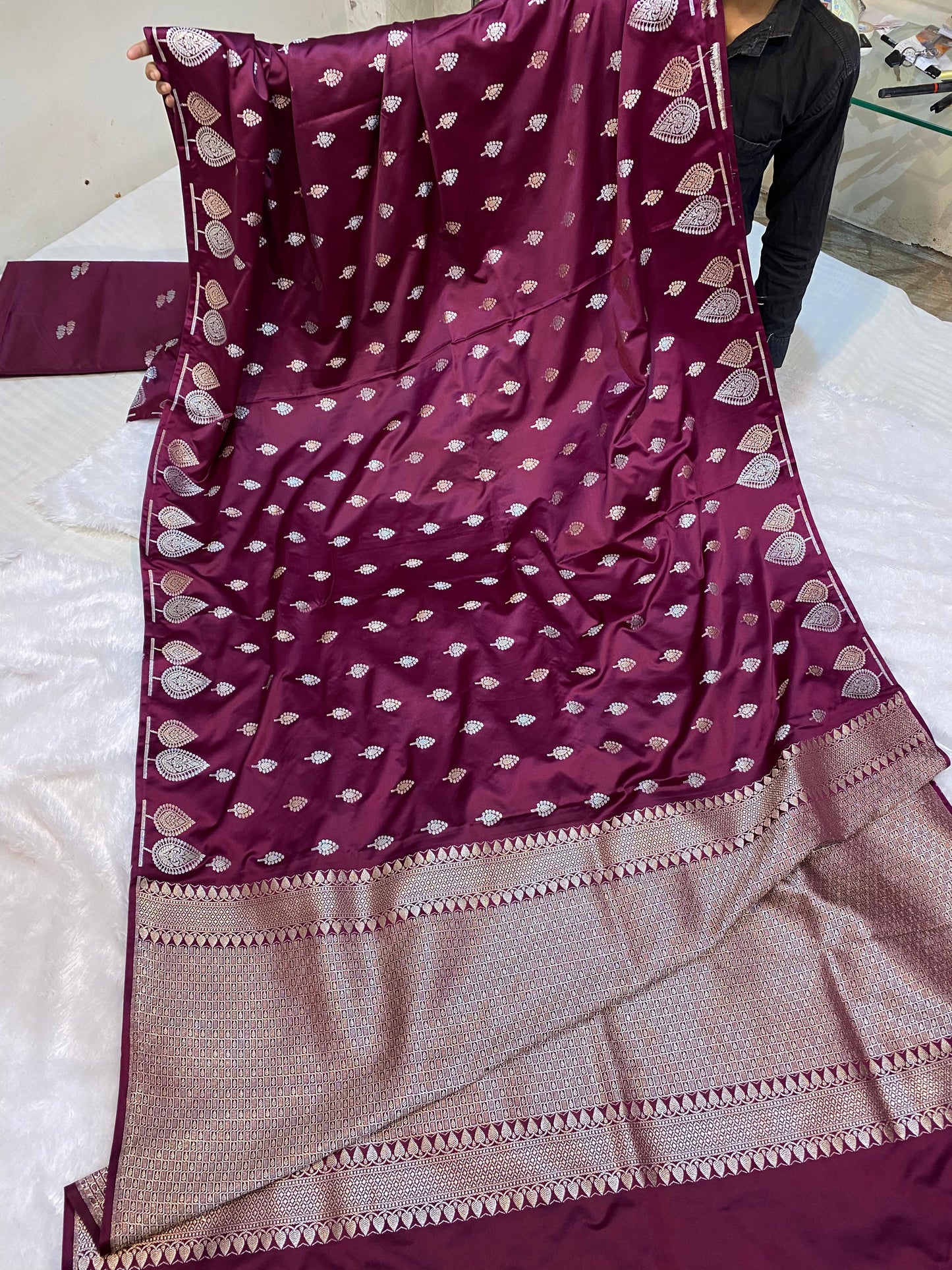 Mashru Silk Saree Burnt Maroon Color With Buta Border Sona Rupa Zari  MSW34