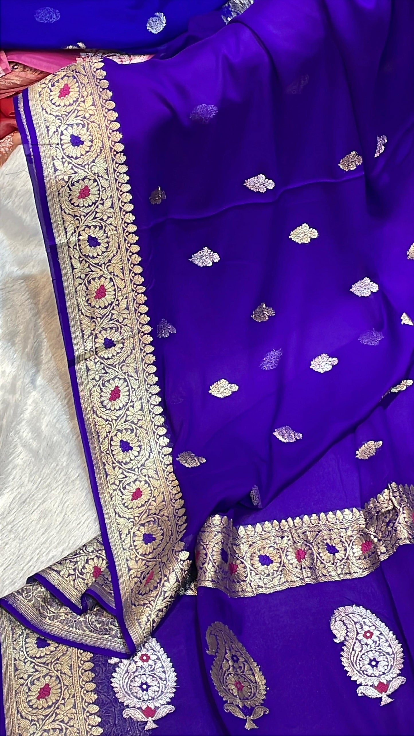 100% Authentic & Luxurious Pure Banarasi Khaddi Chiffon Georgette Saree Royal Violet Blue Colour