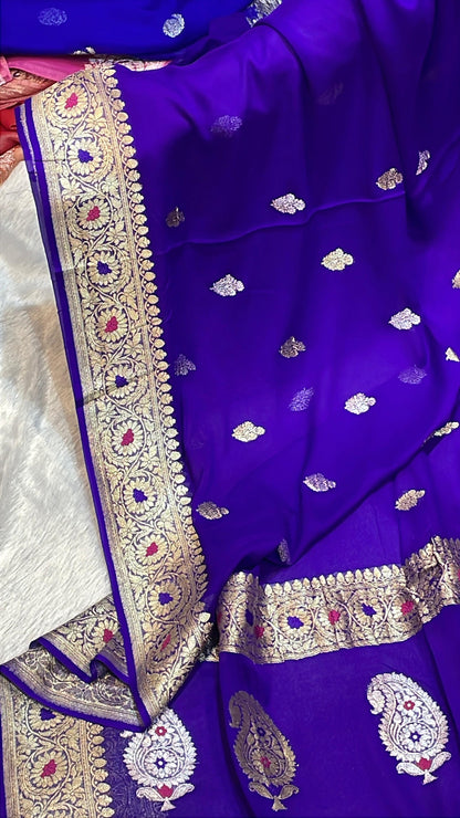 100% Authentic & Luxurious Pure Banarasi Khaddi Chiffon Georgette Saree Royal Violet Blue Colour