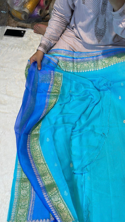 100% 3D Shades Pure Banarasi Khaddi Chiffon Silver Zari Kadwa Buti Handloom Saree