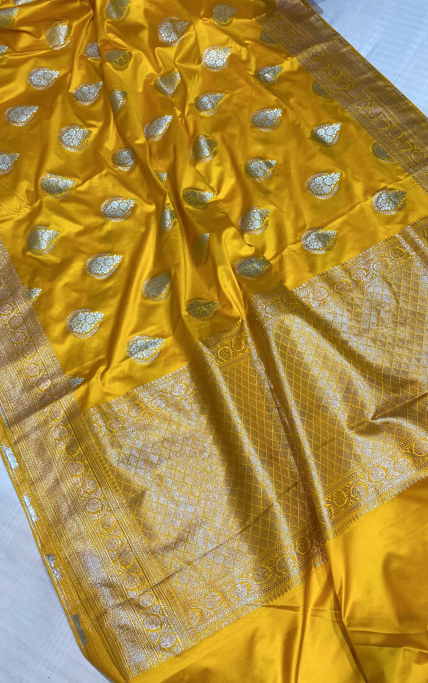 Mashru Silk Saree Golden Yellow Color With Floral Border Buta Sona Rupa Zari MSW31
