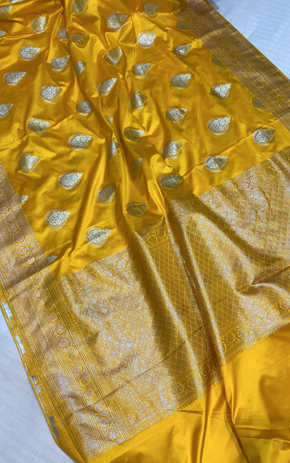 Mashru Silk Saree Golden Yellow Color With Floral Border Buta Sona Rupa Zari MSW31
