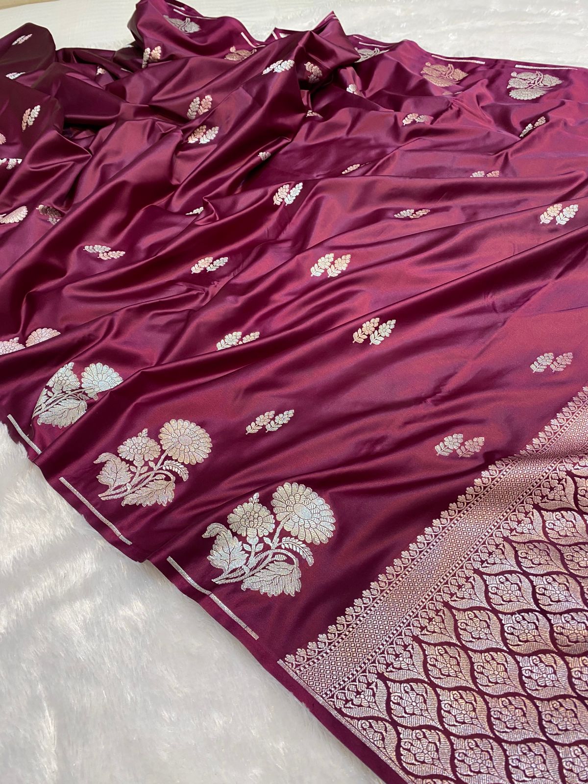 Mashru Silk Saree Burnt Maroon Color With Flower Buta Border Sona Rupa Zari MSW33