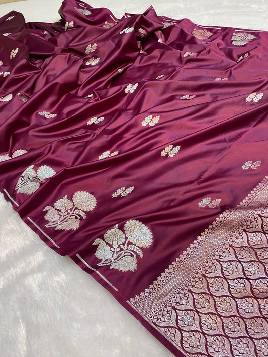 Mashru Silk Saree Burnt Maroon Color With Flower Buta Border Sona Rupa Zari MSW33