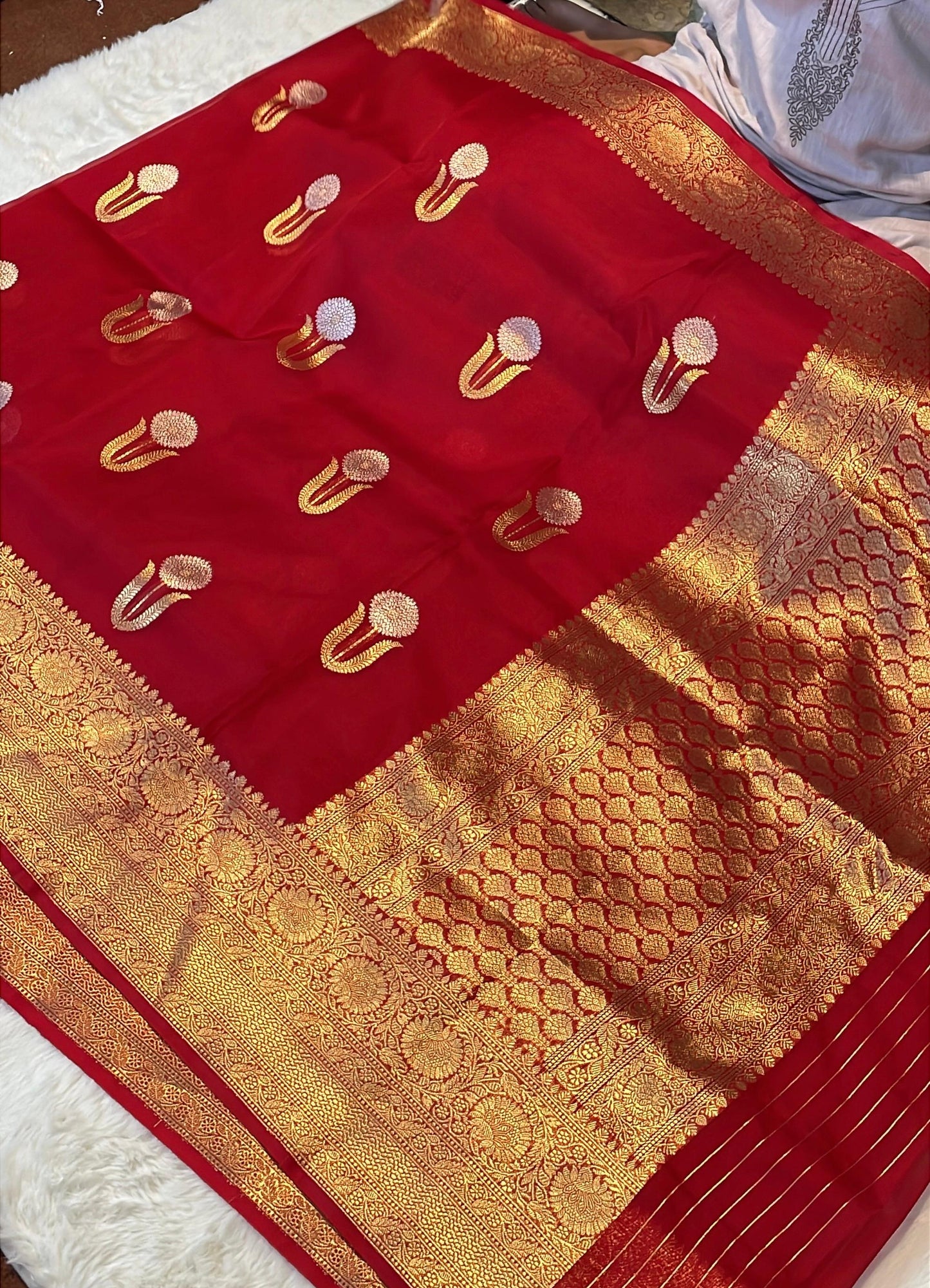 Blood Red Pure Kora Organza Banarasi Kadhwa Handloom Saree's