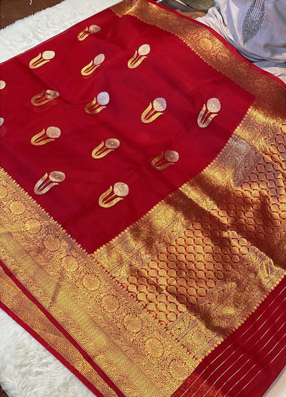 Blood Red Pure Kora Organza Banarasi Kadhwa Handloom Saree's