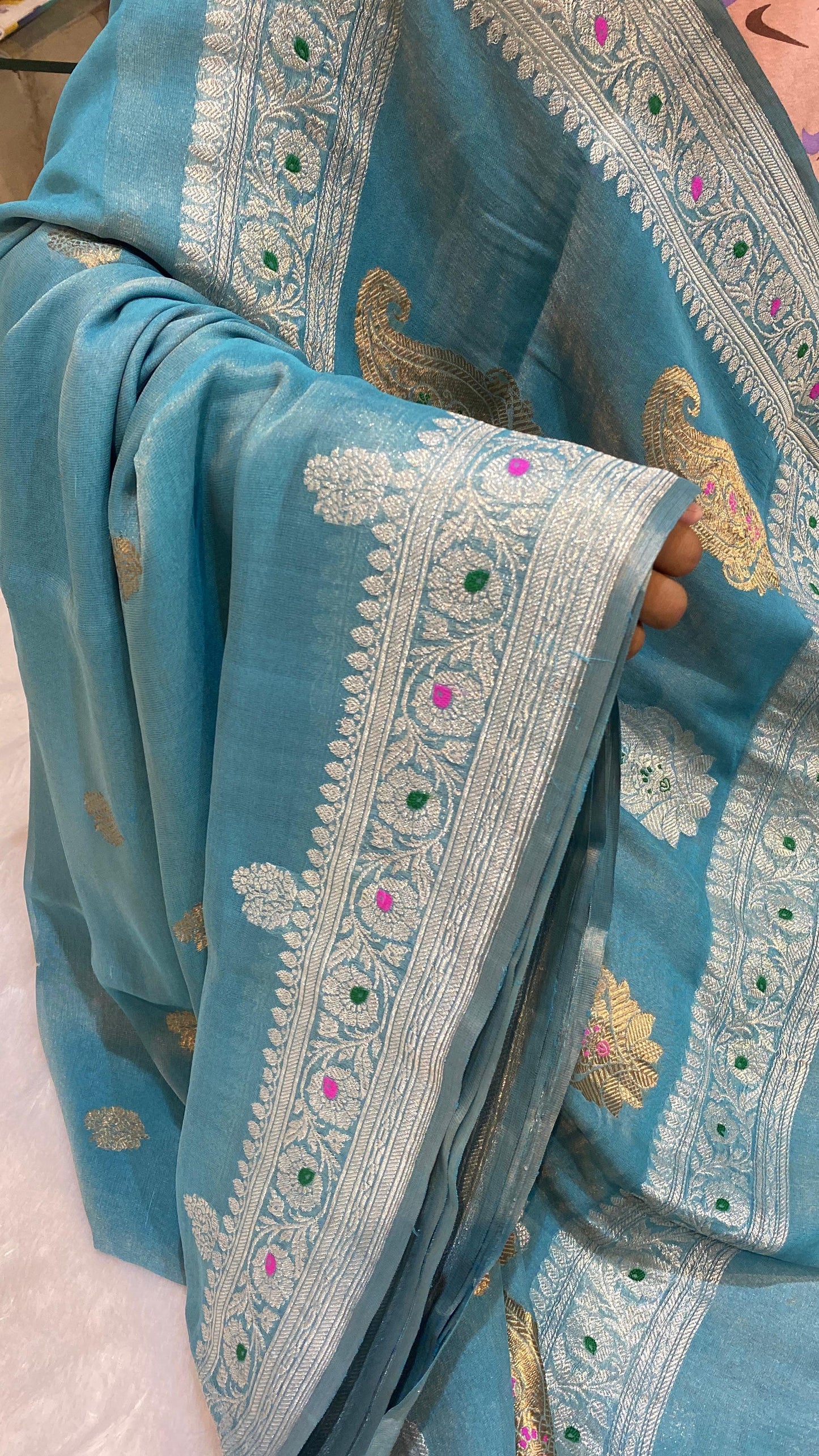 100% Authentic & Luxurious Pure Banarasi Khaddi Chiffon Tissue Saree Powder Blue/Firozi Colour