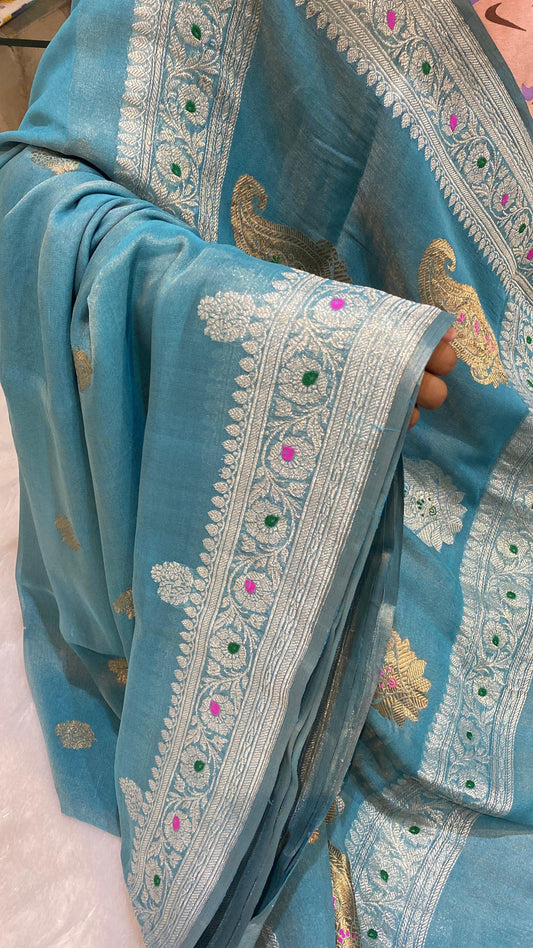 100% Authentic & Luxurious Pure Banarasi Khaddi Chiffon Tissue Saree Powder Blue/Firozi Colour