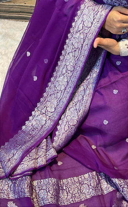 100% Pure Banarasi Khaddi Chiffon Silver Zari Kadwa Buti Handloom Deep Purple Color