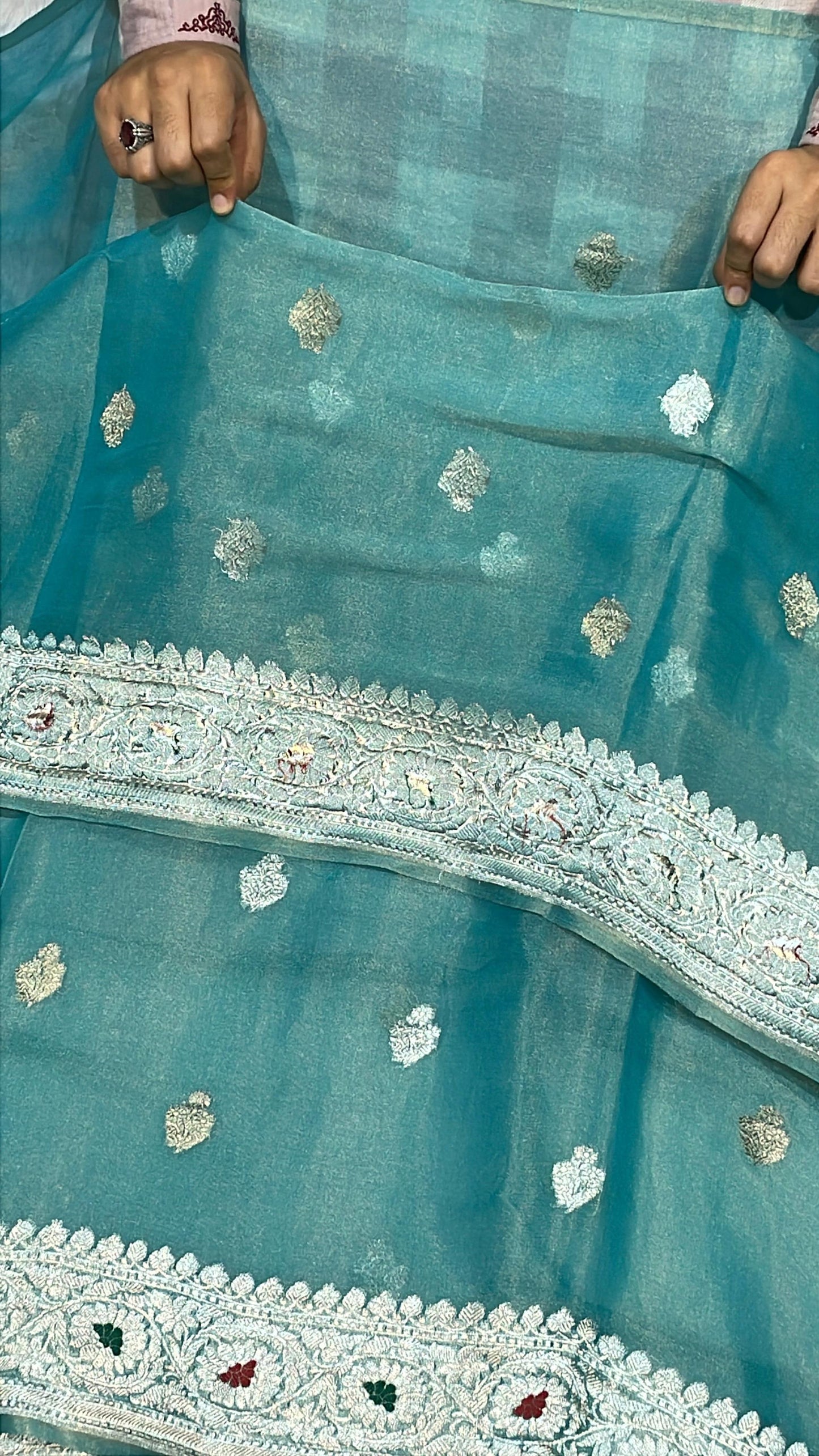 100% Authentic & Luxurious Pure Banarasi Khaddi Chiffon Tissue Saree Emerald Aqua Grace Colour