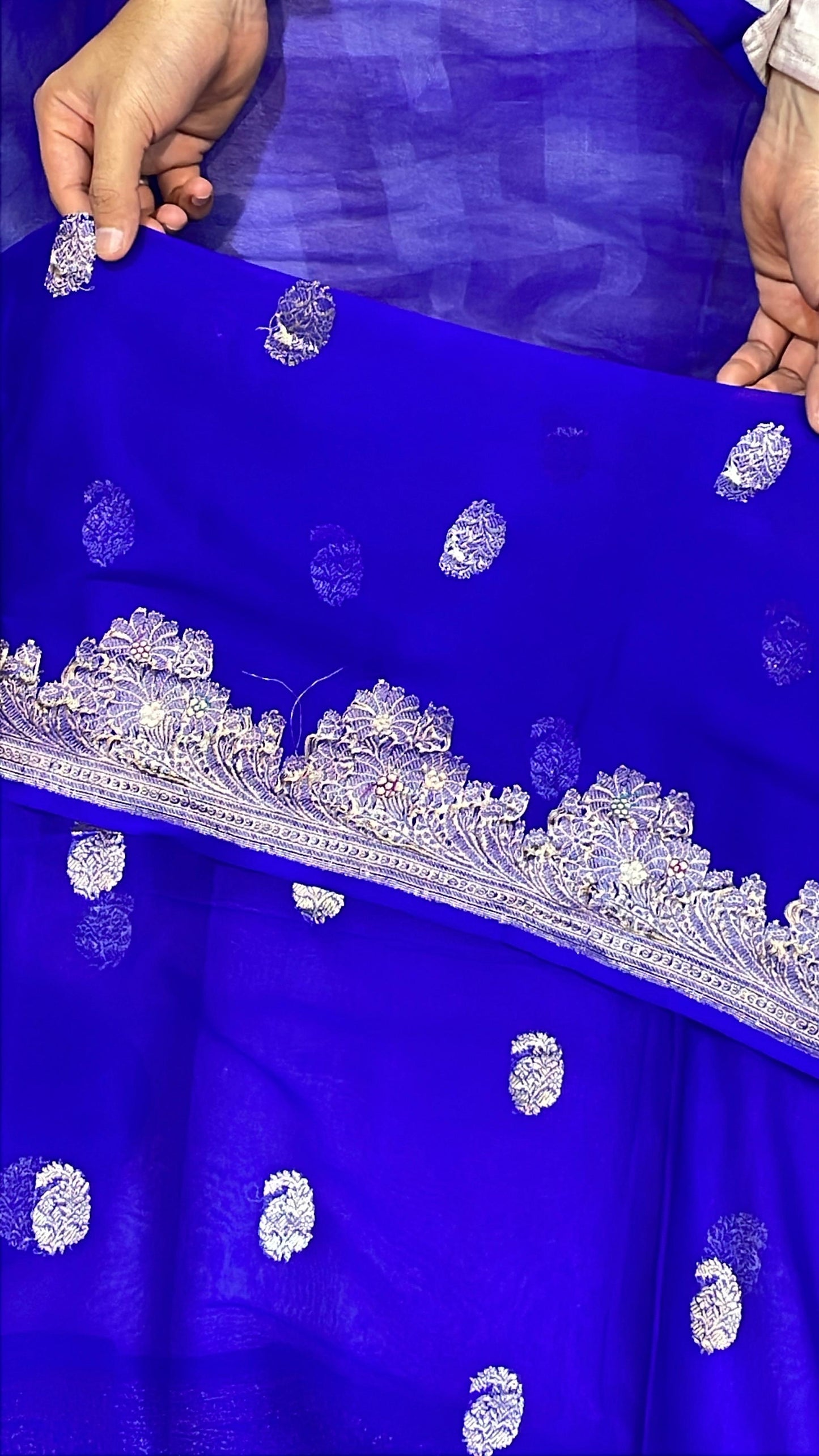 100% Authentic & Luxurious Pure Banarasi Khaddi Chiffon Georgette Saree Orchid Blue Color