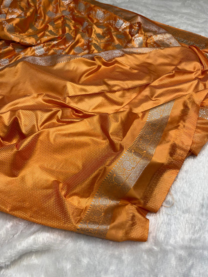 Mashru Silk Saree Saffron Orange Color With Floral Border Sona Rupa Zari Mina Jaal Pattern  MSW44