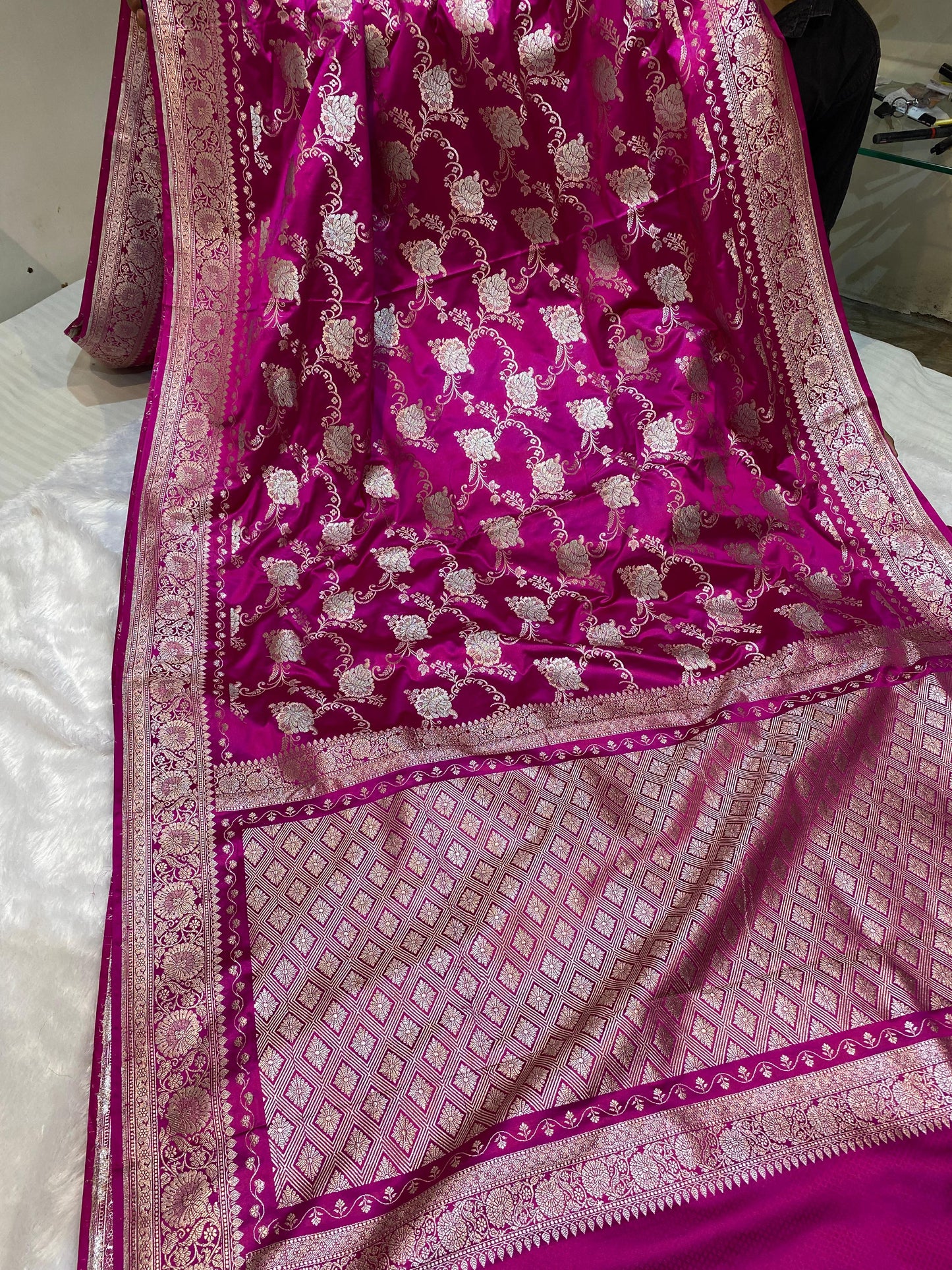 Mashru Silk Saree Rani Pink Color With Floral Border Sona Rupa Zari Mina Jaal Pattern MSW43