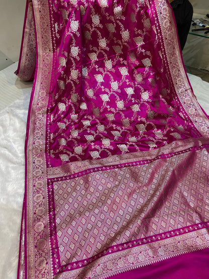 Mashru Silk Saree Rani Pink Color With Floral Border Sona Rupa Zari Mina Jaal Pattern MSW43