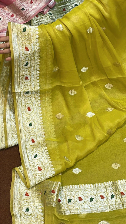 100% Authentic & Luxurious Pure Banarasi Khaddi Chiffon Tissue Saree Spring Canary Yellow Colour