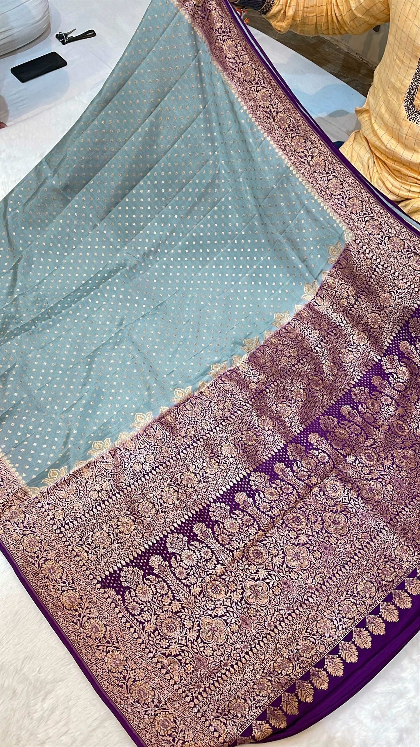Pure Banarasi Khaddi Crape Silk Handloom Saree with Traditional Corners Ash Grey With Voilet Purple Color