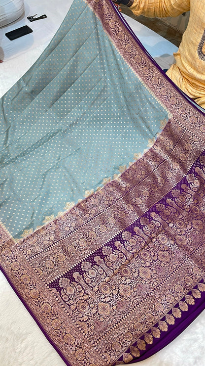 Pure Banarasi Khaddi Crape Silk Handloom Saree with Traditional Corners Ash Grey With Voilet Purple Color
