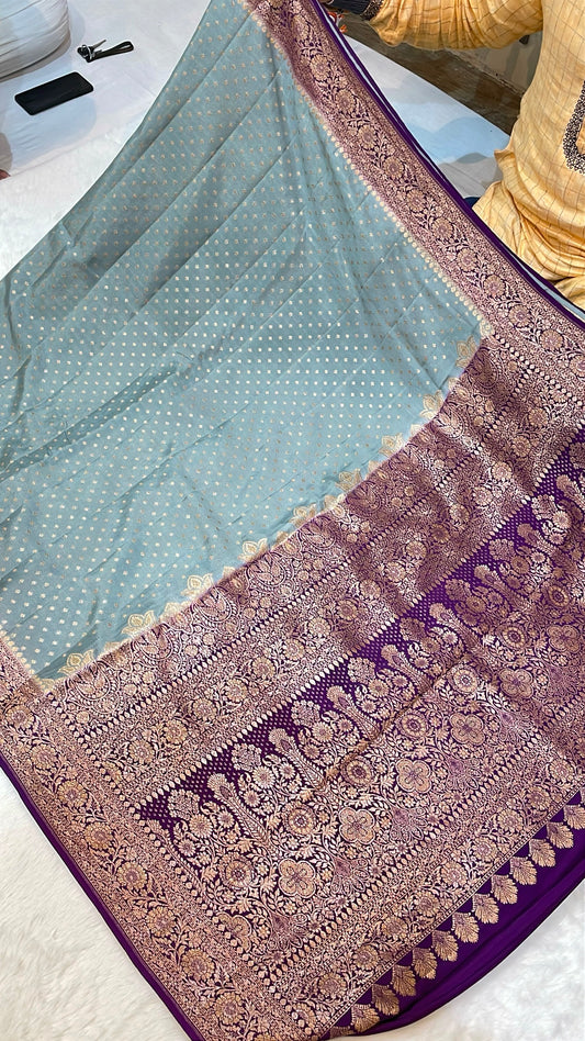 Pure Banarasi Khaddi Crape Silk Handloom Saree with Traditional Corners Ash Grey With Voilet Purple Color