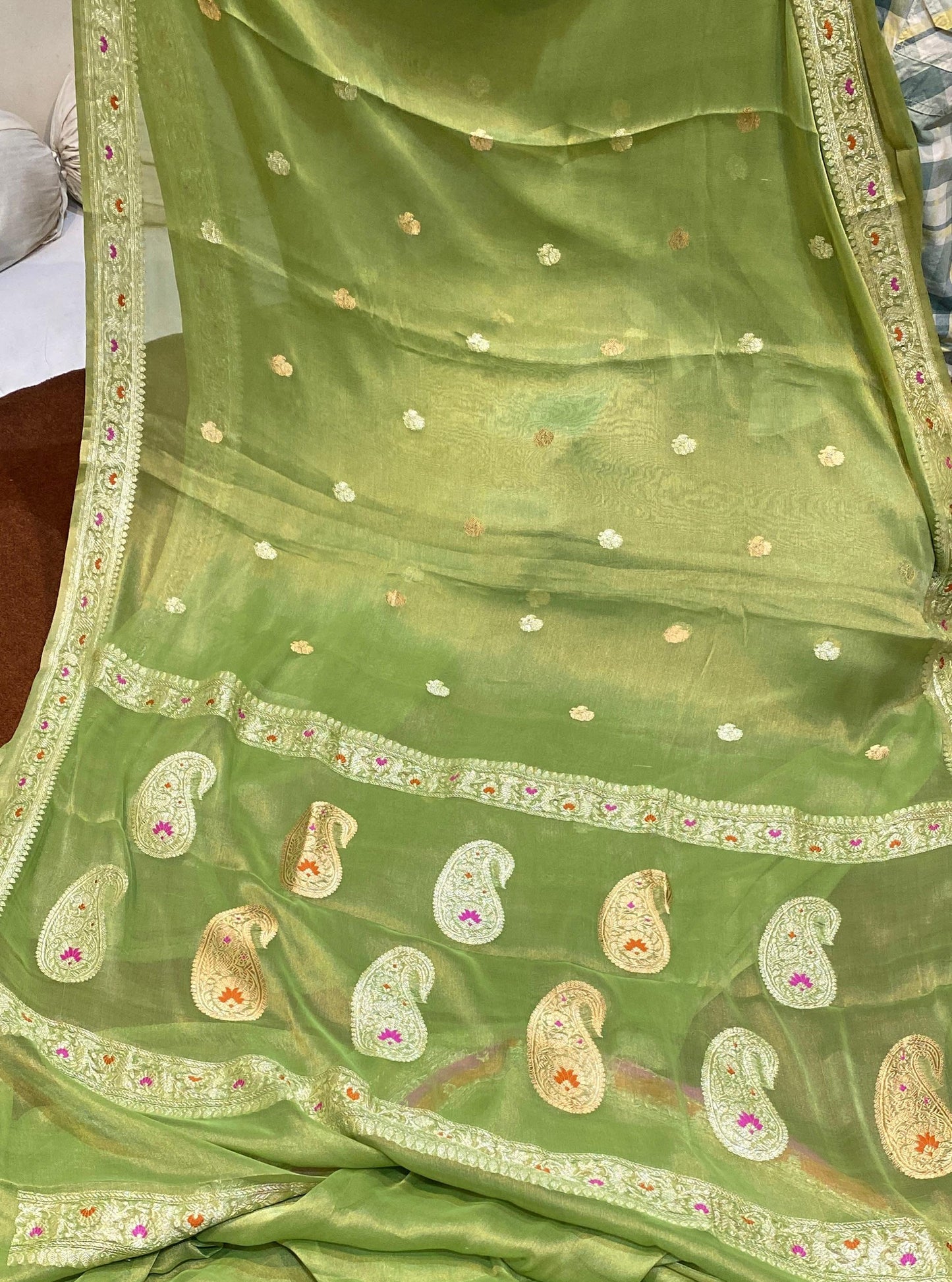 100% Authentic & Luxurious Pure Banarasi Khaddi Chiffon Tissue Saree Pista Green Shade