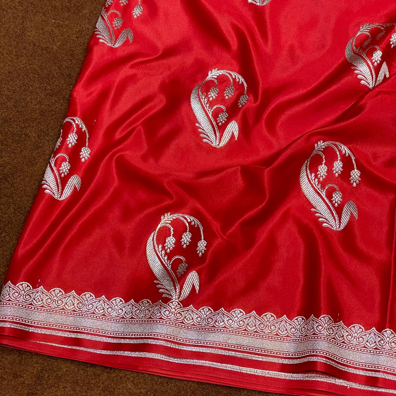Mashru Silk Saree Red Color with Short Border Delicate Paisley/Mango Boota  MSW-13