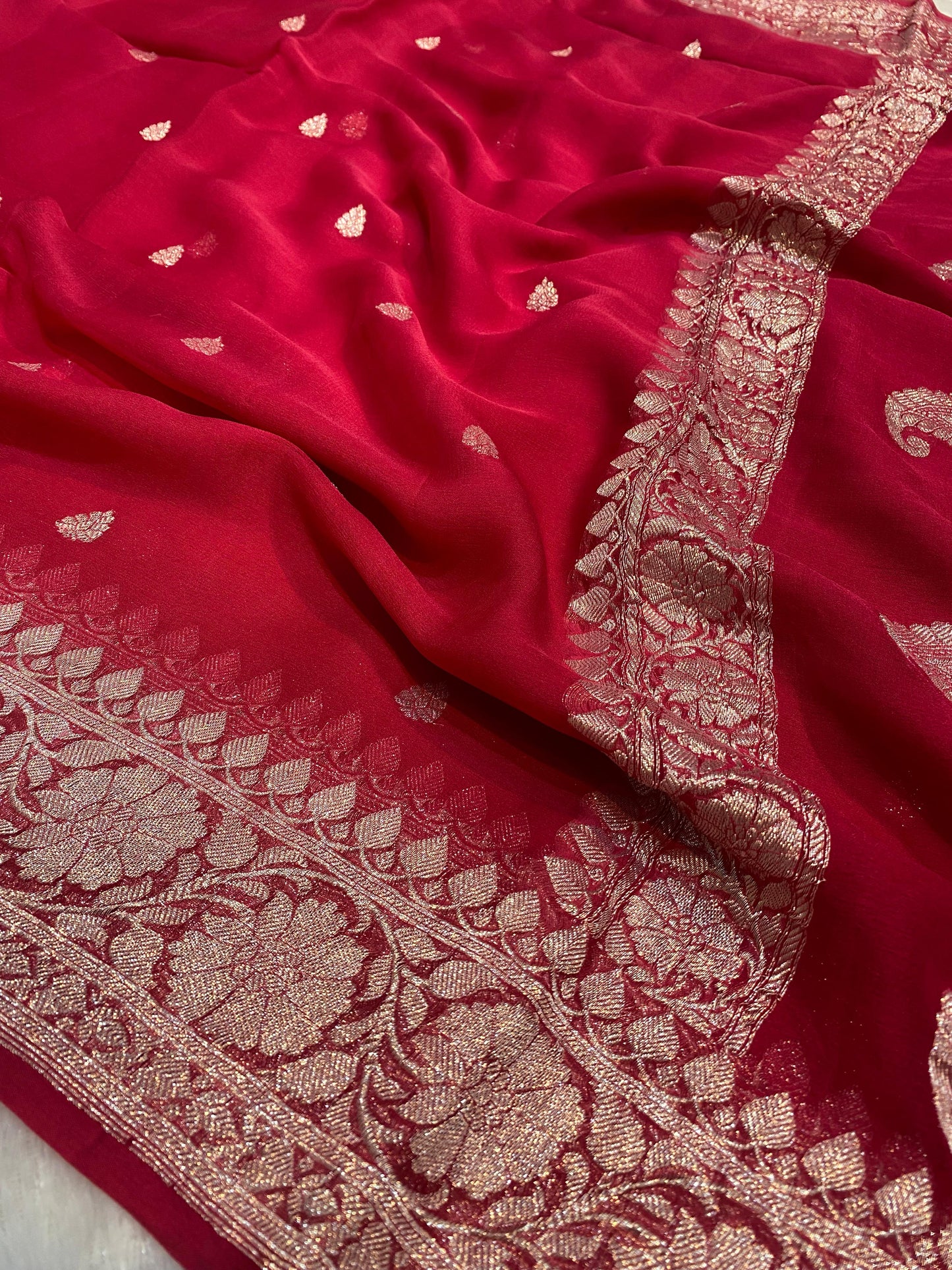 100% Pure Banarasi Khaddi Chiffon Silver Zari Kadwa Buti Handloom Saree Burgundy Colour