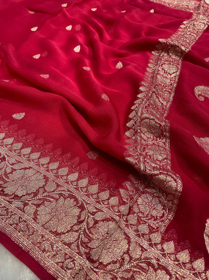 100% Pure Banarasi Khaddi Chiffon Silver Zari Kadwa Buti Handloom Saree Burgundy Colour