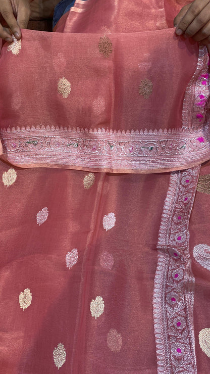 100% Authentic & Luxurious Pure Banarasi Khaddi Chiffon Tissue Saree Gazri Color