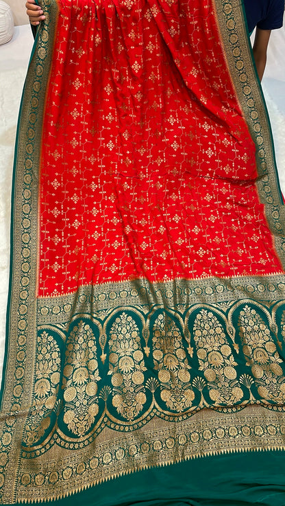 Pure Banarasi Khaddi Crape Silk Handloom Saree with Traditional Corners Red With Bottle Green Color