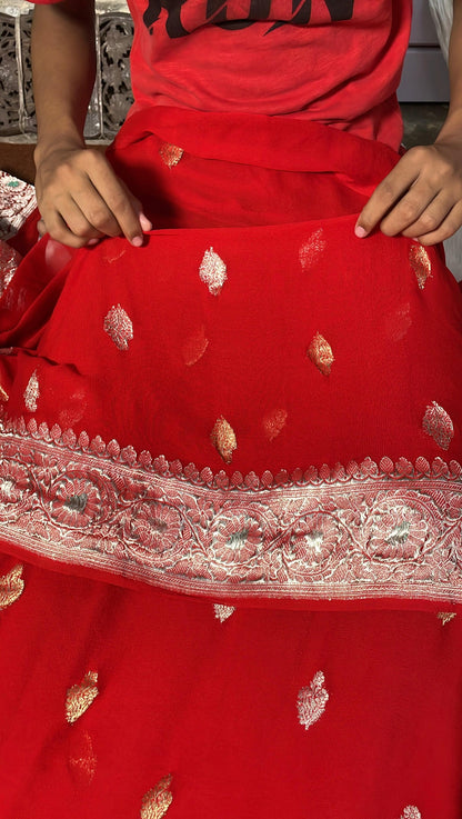 100% Authentic & Luxurious Pure Banarasi Khaddi Chiffon Georgette Saree Scarlet Red Color