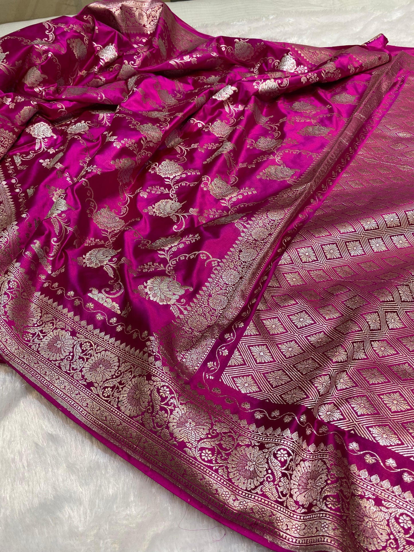 Mashru Silk Saree Rani Pink Color With Floral Border Sona Rupa Zari Mina Jaal Pattern MSW43