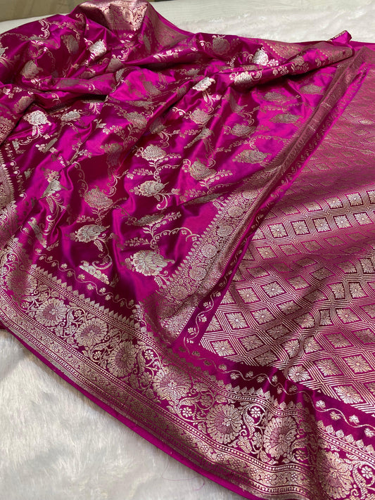 Mashru Silk Saree Rani Pink Color With Floral Border Sona Rupa Zari Mina Jaal Pattern MSW43
