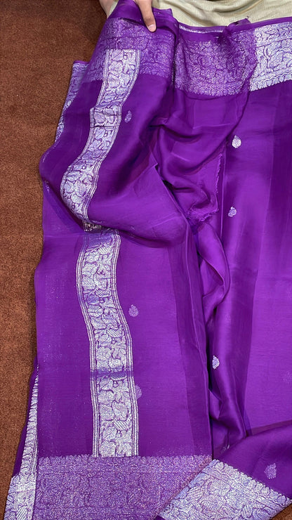 100% Pure Banarasi Khaddi Chiffon Silver Zari Kadwa Buti Handloom Saree Purple Colour