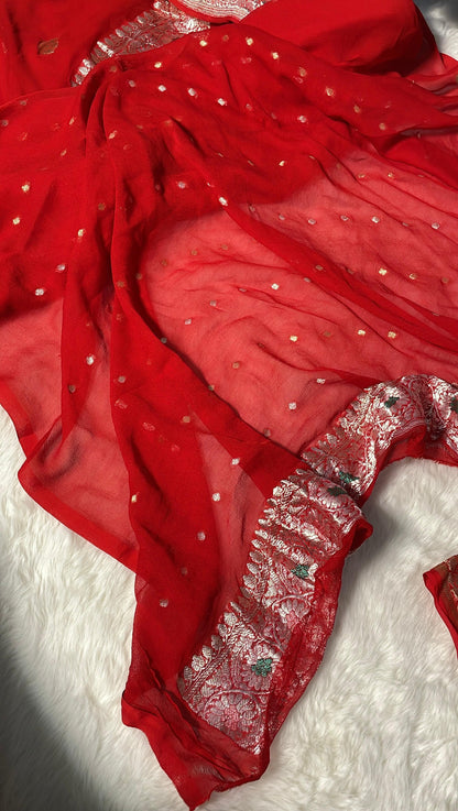 100% Authentic & Luxurious Pure Banarasi Khaddi Chiffon Georgette Saree Scarlet Red Color