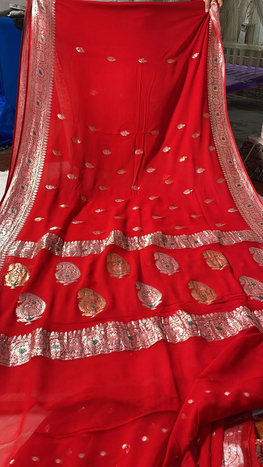 100% Authentic & Luxurious Pure Banarasi Khaddi Chiffon Georgette Saree Scarlet Red Color
