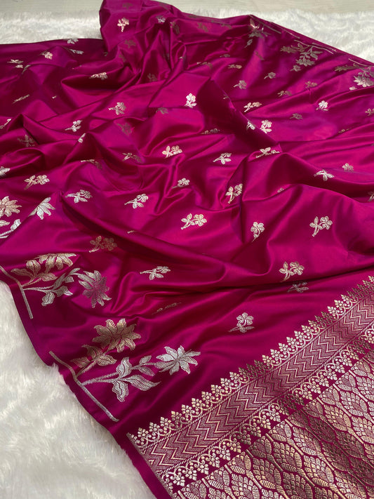 Mashru Silk Saree Pink Mirage Color With Sunflower Buta Border Sona Rupa Zari MSW50