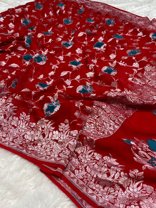 Exclusive & Pure Khaddi Georgette With Velvet Weaving Saree Imperial Red Color [*Color Customisable]