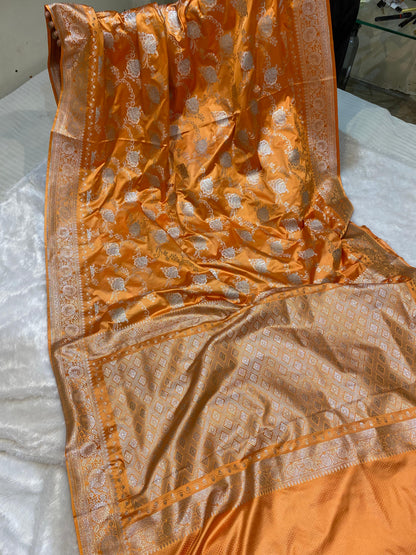 Mashru Silk Saree Saffron Orange Color With Floral Border Sona Rupa Zari Mina Jaal Pattern  MSW44