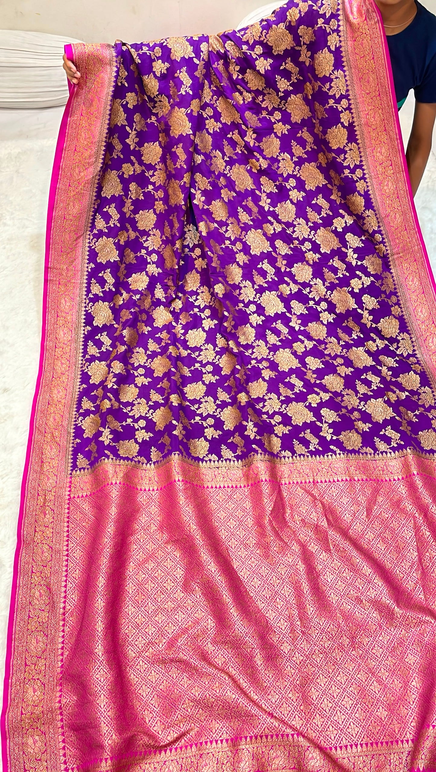 Pure Banarasi Khaddi Crape Silk Handloom Saree with Traditional Corners Purple With Rani Color