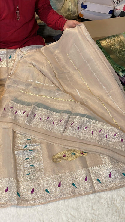 100% Authentic & Luxurious Pure Banarasi Khaddi Chiffon Tissue Saree Natural/Tussar Colour (Rose Buta)