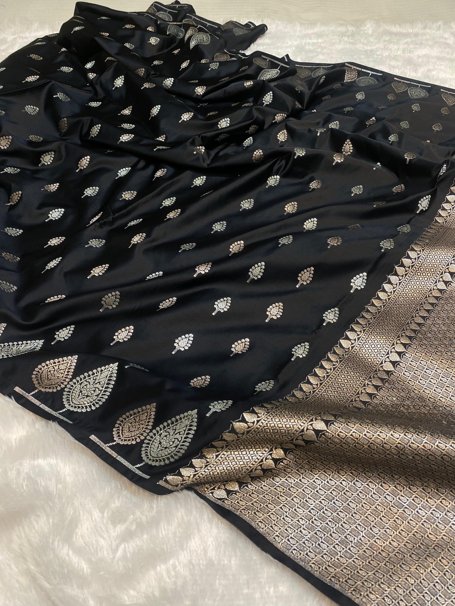 Mashru Silk Saree Black Noir Color With Buta Border Sona Rupa Zari MSW48
