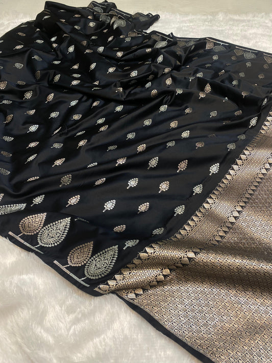 Mashru Silk Saree Black Noir Color With Buta Border Sona Rupa Zari MSW48
