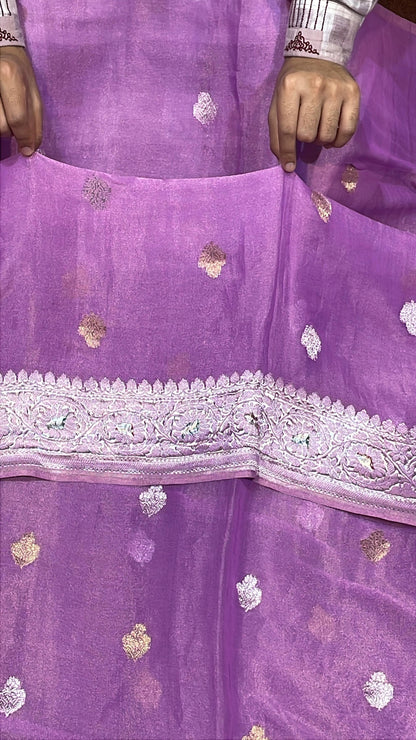 100% Authentic & Luxurious Pure Banarasi Khaddi Chiffon Tissue Saree Hue Lavender Colour