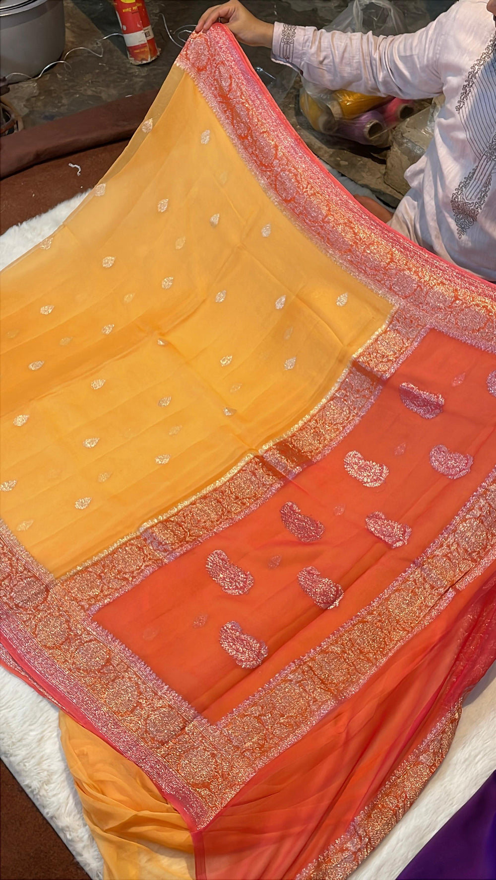 100% 3D Shades Pure Banarasi Khaddi Chiffon Silver Zari Kadwa Buti Handloom Saree