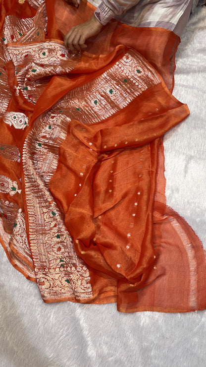 100% Authentic Pure Banarasi Khaddi Chiffon Tissue Saree' Rusty Orange Color