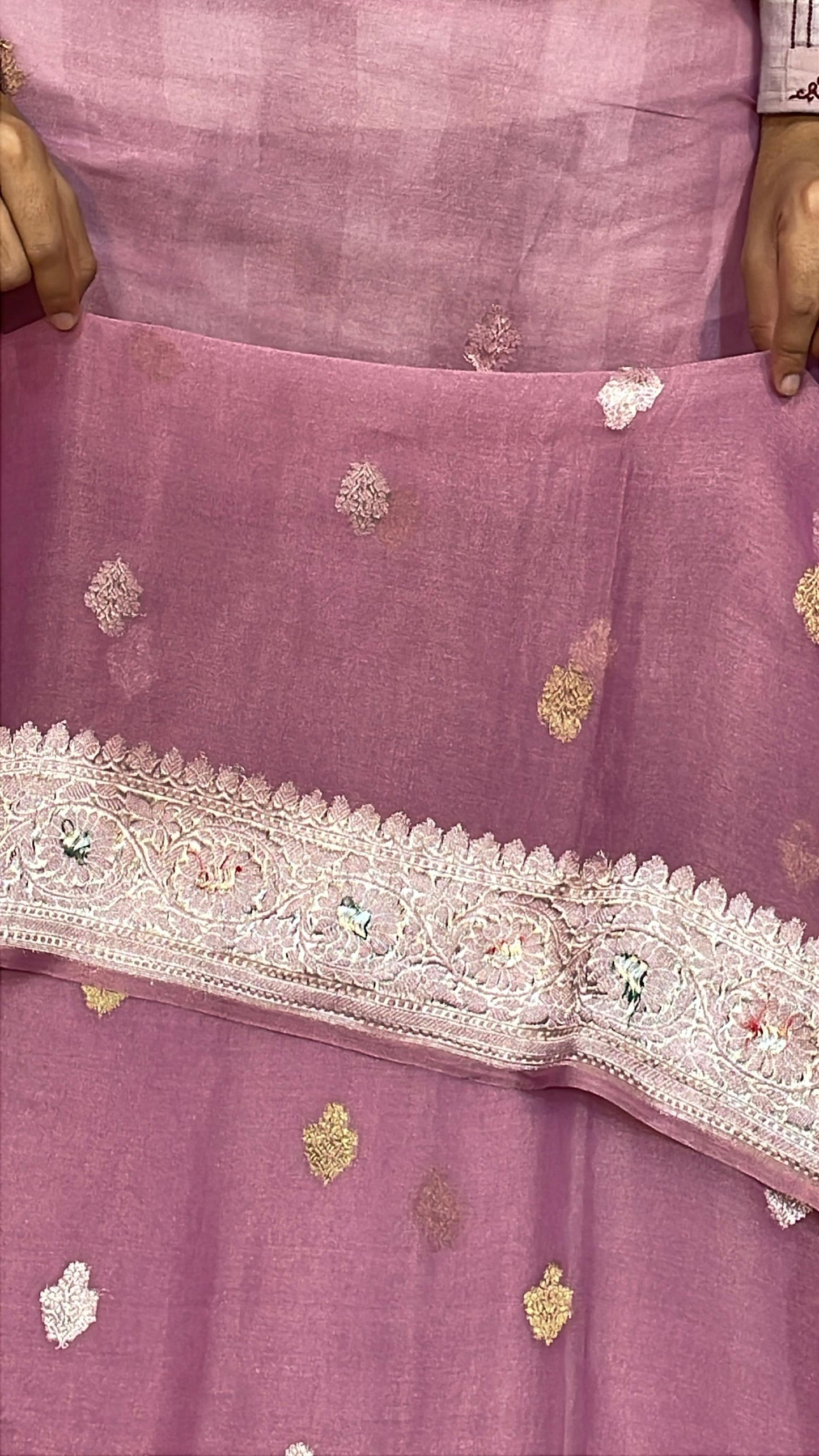 100% Authentic & Luxurious Pure Banarasi Khaddi Chiffon Tissue Saree Purple pink Drape Colour
